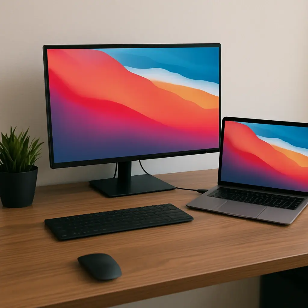 A sleek modern workspace featuring a MacBook Pro connected to a large external monitor on a wooden desk