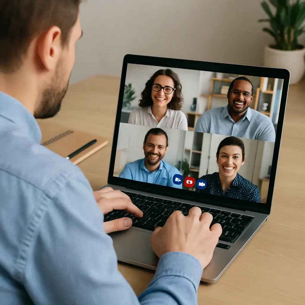 A professional working on a Mac displaying a shared screen with colleagues