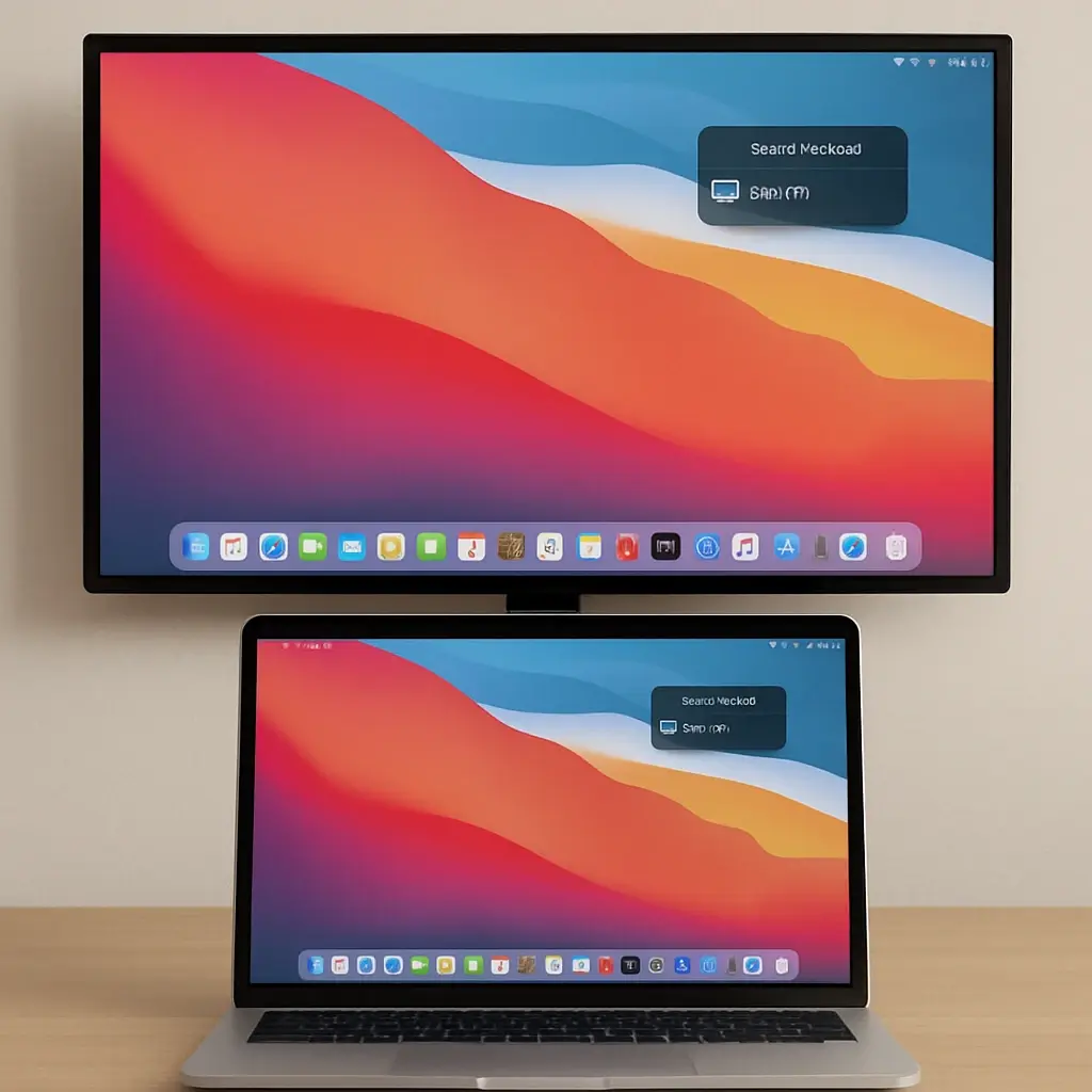 MacBook showing screen mirroring on a TV