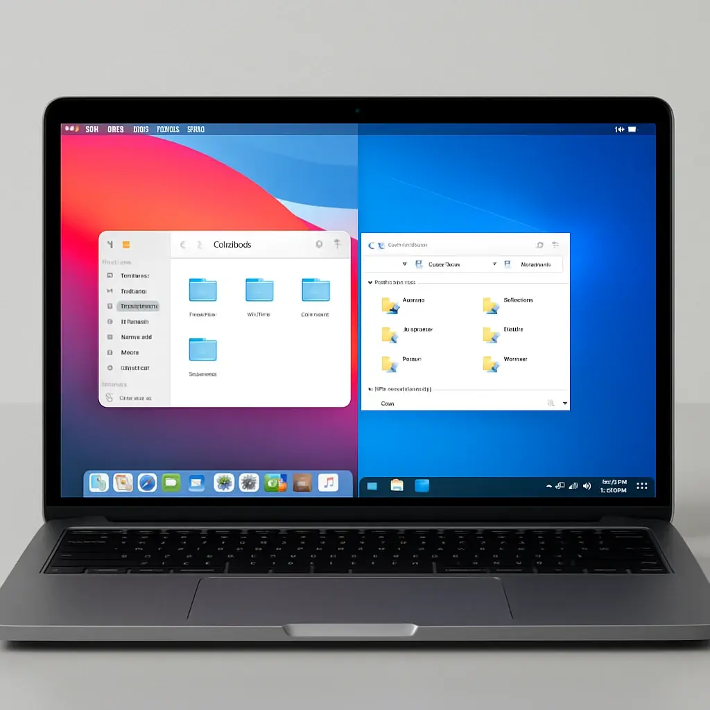 A Mac laptop running both macOS and Windows applications side by side
